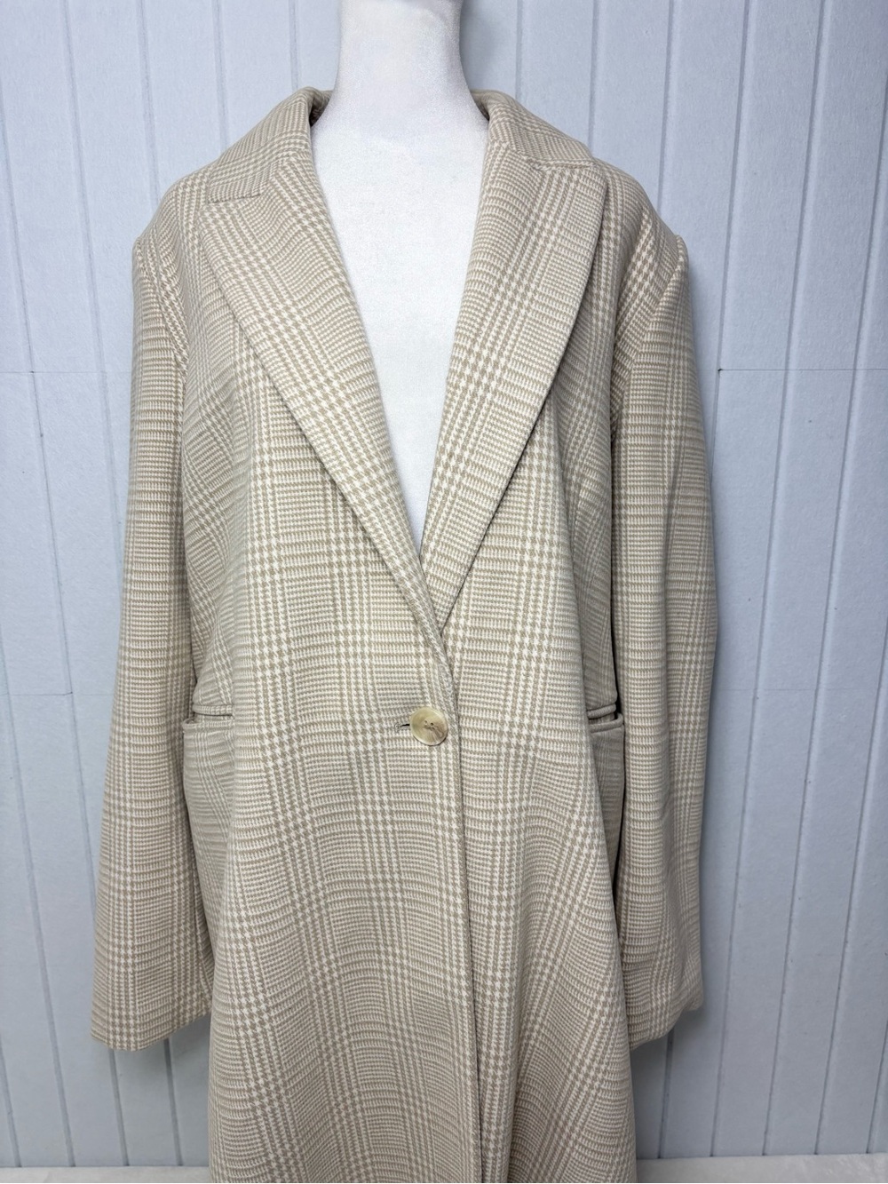 Primark Cream Plaid Long Blazer Jacket Size 12 - Picture 4 of 13